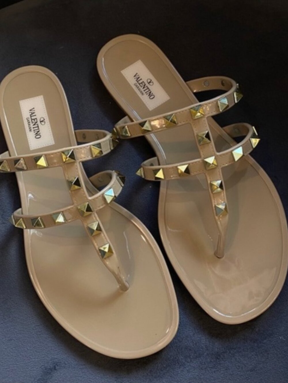 Valentino Nude Patent Jelly Sandals with Gold Studs